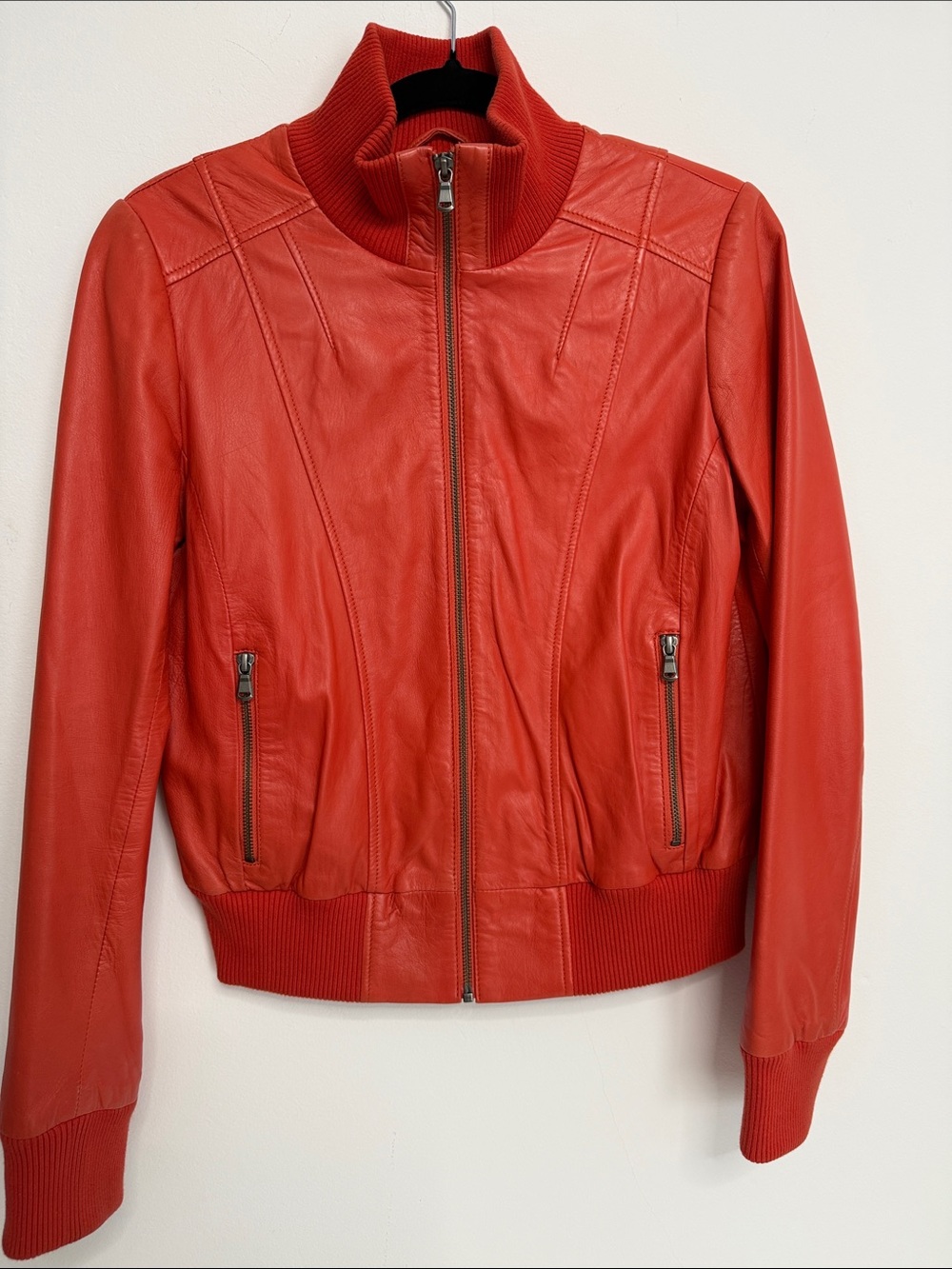 Danier Coral Red Genuine Leather Bomber Jacket with Ribbed Trim